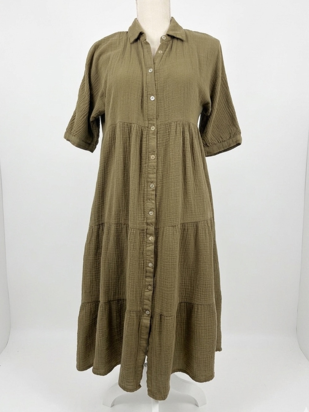 Olive Collared Button-Front Midi Dress - Picture 5 of 11